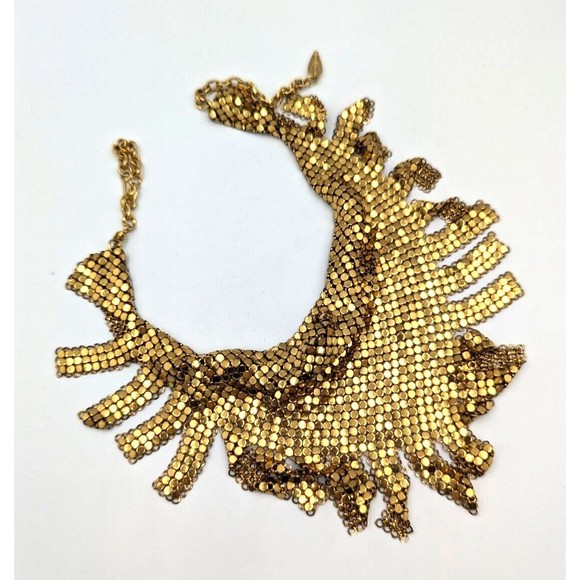 Whiting & Davis Gold Tone Chainmail Metal Fringed Vintage Bib Necklace 1970s - Picture 5 of 14